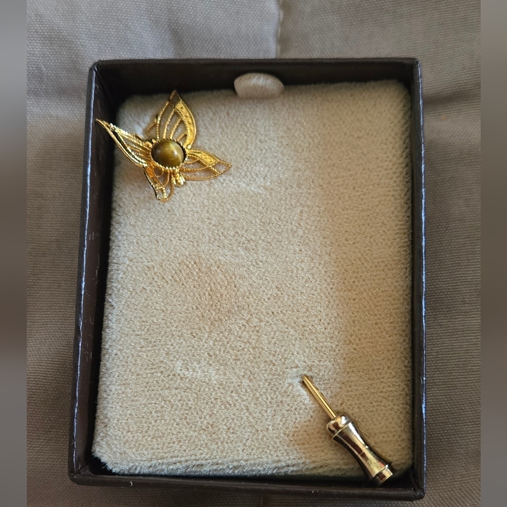Antique Eterna-Klad Tiger Eye Gemstone Butterfly Jewelry Hat Pin